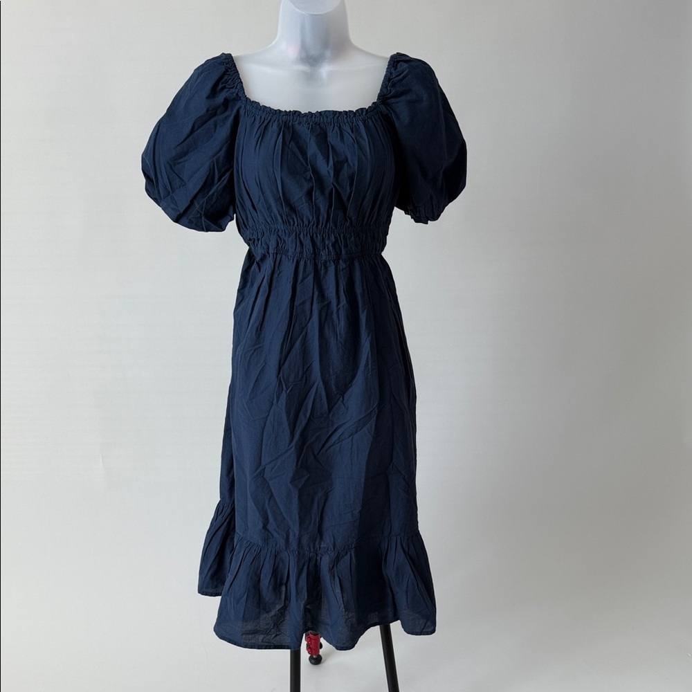 Chic Midnight Blue Puff Sleeve Midi Dress
